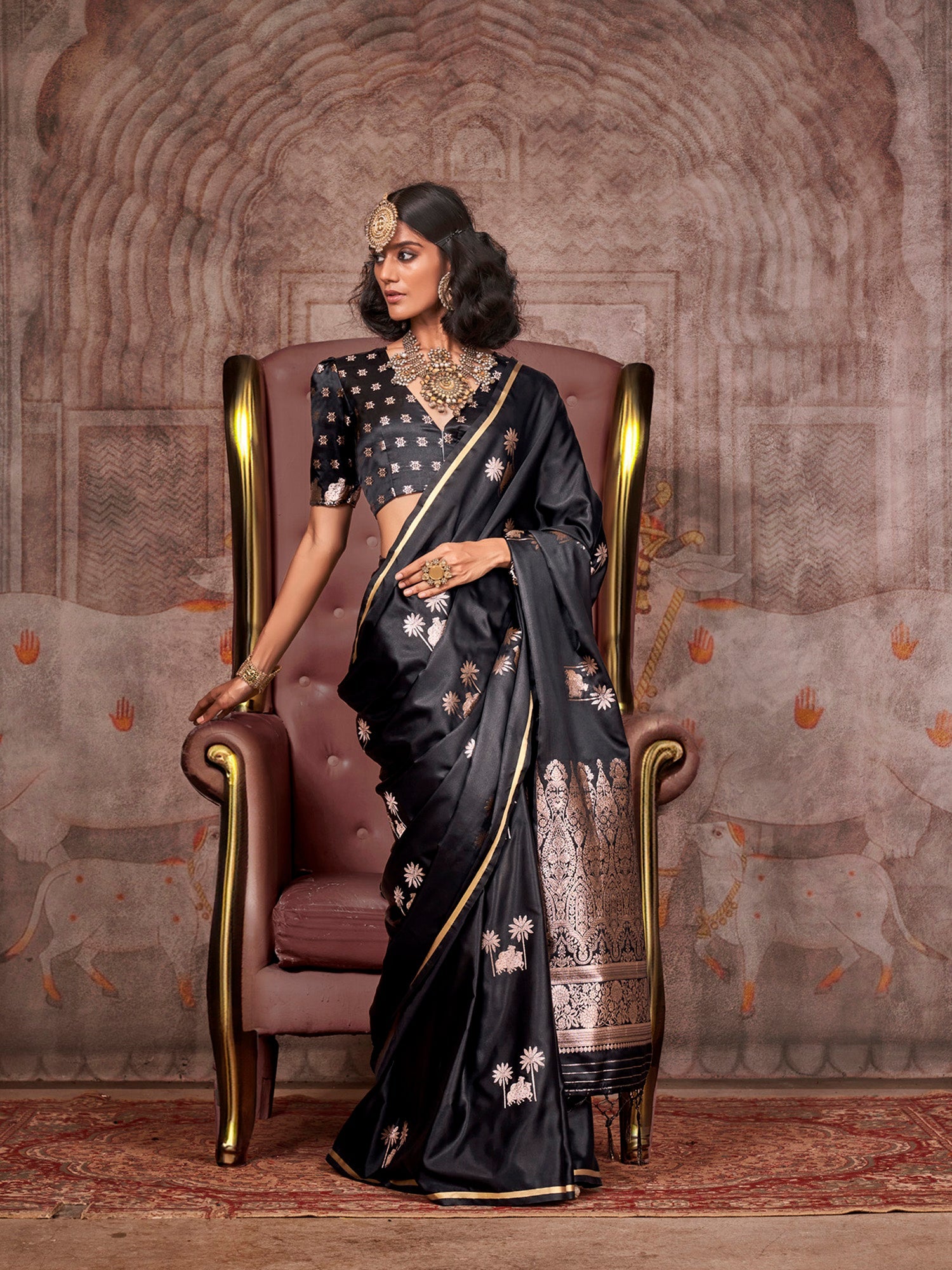 Bollywood Style Dazzling Black Pure Satin Silk Saree main image 1