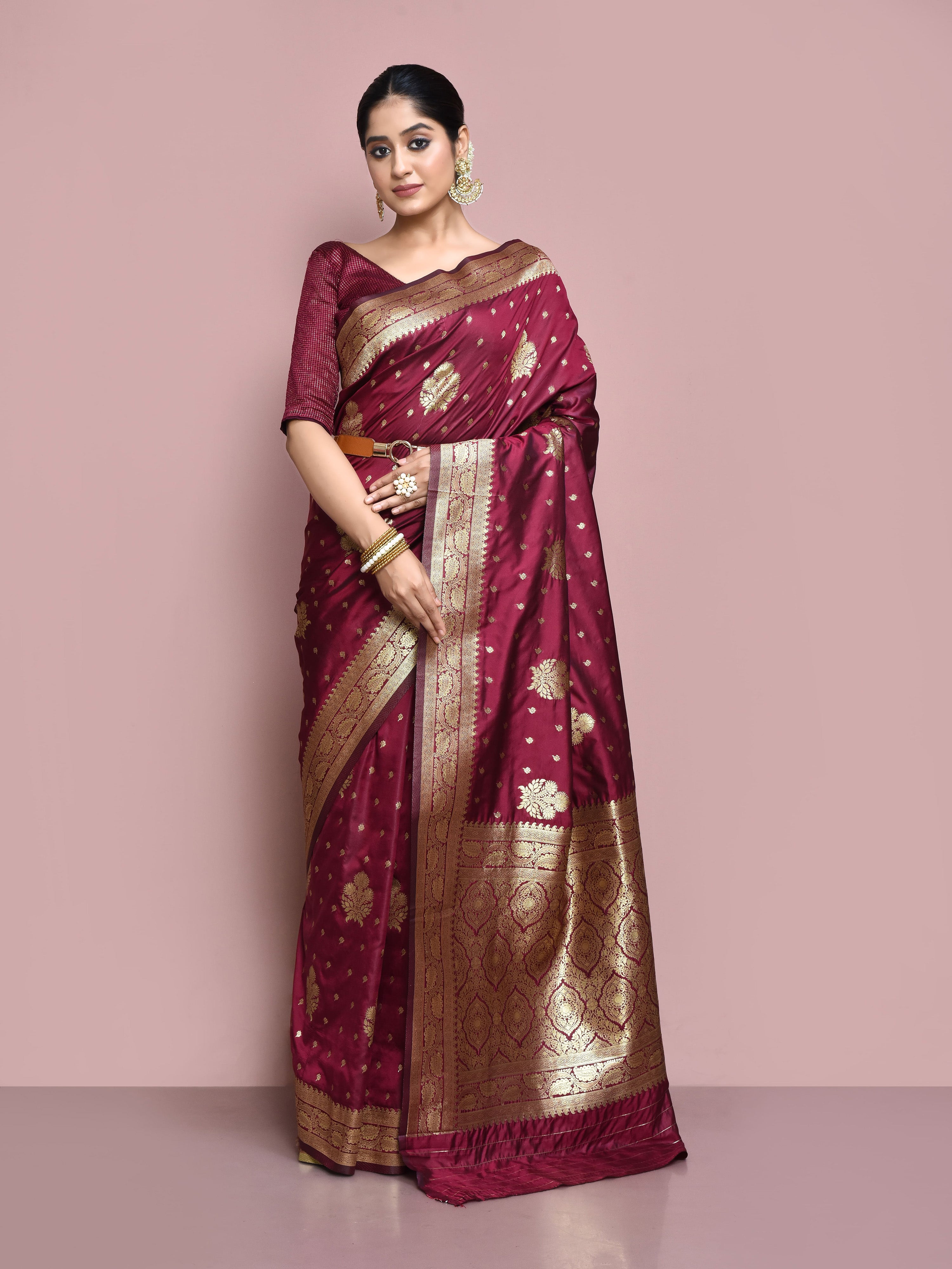 Wine Maroon Pure Kora Silk Handloom Banarasi Saree main image 1