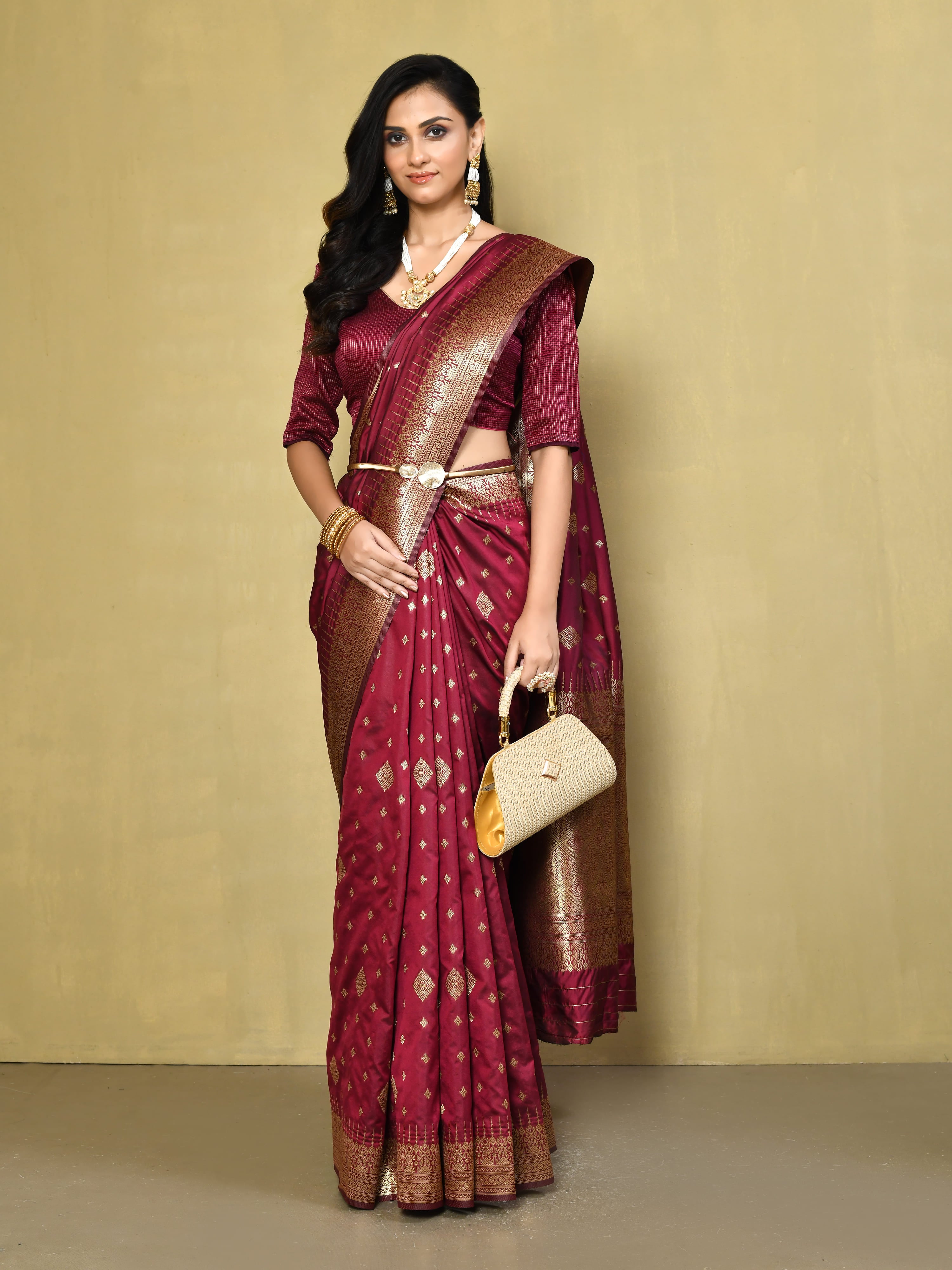 Maroon Banarasi Silk Saree Elorafashion 