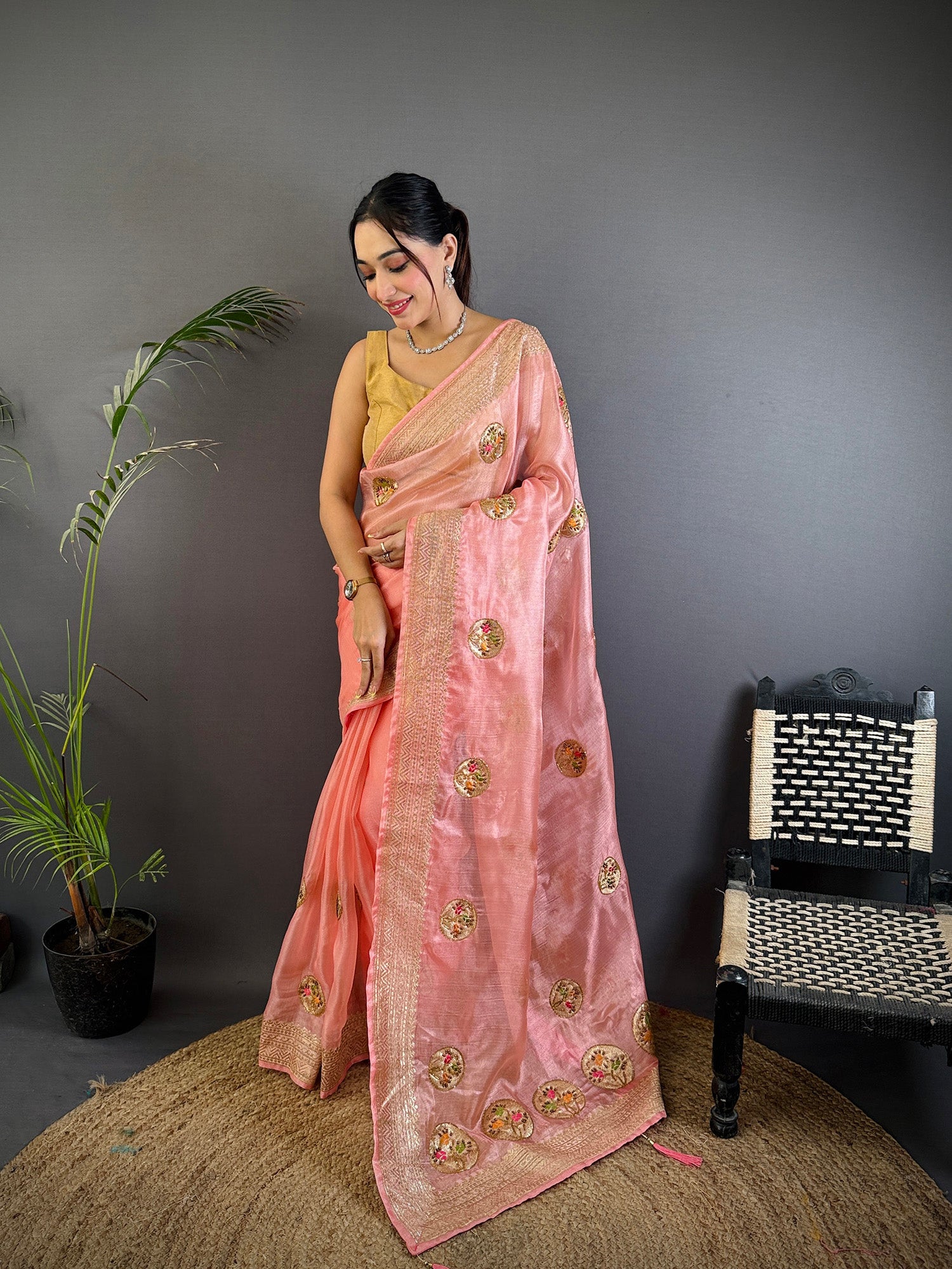 Baby Pink Organza Silk Handloom Banarasi Saree with Heavy Khatali Butta ...