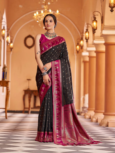 Elora Black Soft Silk Banarasi Saree with Geometrical Butti and Zari Jacquard Work – Premium Designer Traditional Wear for Women
