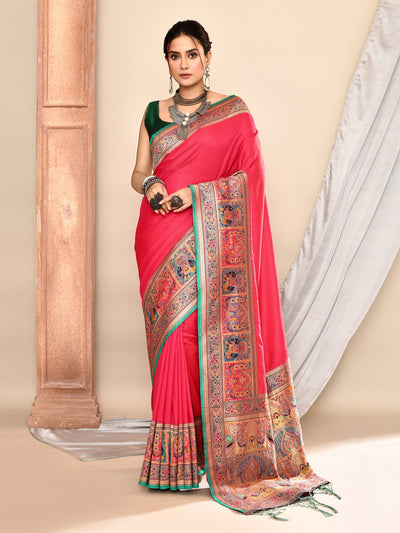 Elegant Carmine Pink Plain Weaving Soft Silk Banarasi Saree featuring traditional craftsmanship, rich soft silk texture, and minimalistic plain weave design perfect for festive, bridal, and ethnic occasions. A luxurious traditional Indian saree for timeless grace.