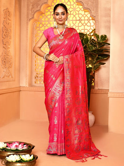 Elegant Cerise Pink Pure Soft Silk Baluchari Weaving Saree featuring traditional handwoven motifs and luxurious drape, ideal for festive wear, bridal occasions, and ethnic celebrations crafted with fine silk for a rich heritage look