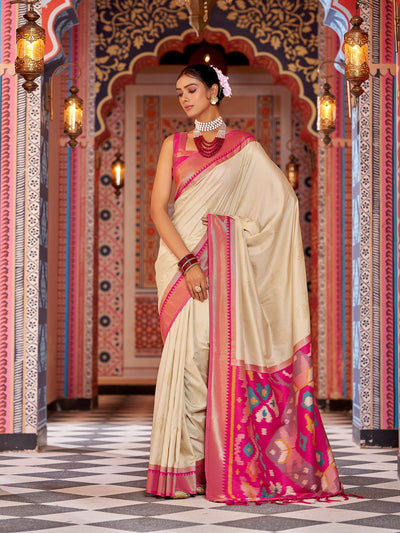 Cream soft silk Ikat Banarasi saree with jacquard butta work – premium designer ethnic wear for women