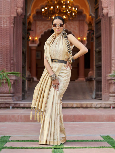 Elora Cream Soft Silk Kanjivaram Saree with Zari Jacquard Work – Elegant Designer Traditional Wear for Women