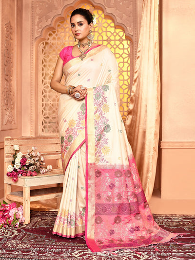 Dairy cream floral Banarasi saree in soft silk with golden zari embroidery, a trending choice for bridal parties, receptions, and traditional events. A perfect mix of regal heritage and modern styling for fashion forward ethnic wear.