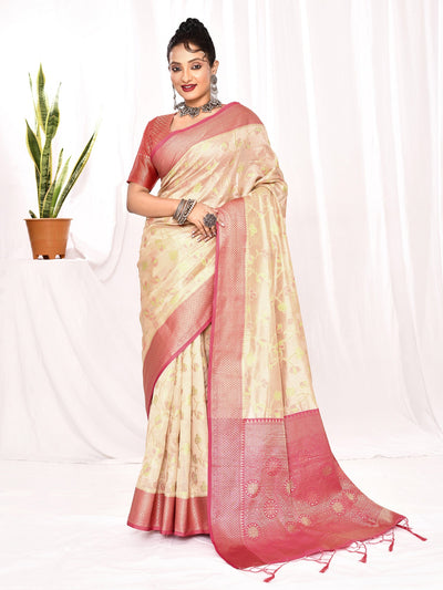 Elegant Dairy Cream Floral Soft Silk Banarasi Saree featuring intricate handwoven zari floral patterns, perfect for weddings, festive occasions, and traditional events. This premium soft silk Banarasi saree offers a luxurious drape in a trending pastel cream shade, ideal for bridesmaids and ethnic fashion lovers.