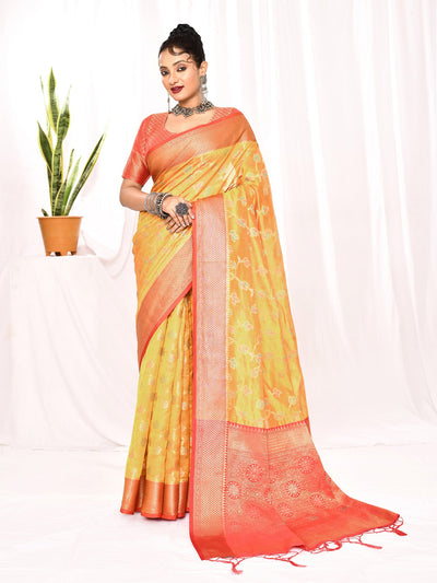 Dull Yellow Floral Soft Silk Banarasi Saree featuring intricate handwoven floral motifs, crafted in luxurious soft silk fabric with a traditional Banarasi finish. Ideal for festive occasions, weddings, and ethnic celebrations, this elegant saree offers a graceful drape and timeless appeal for every Indian woman.