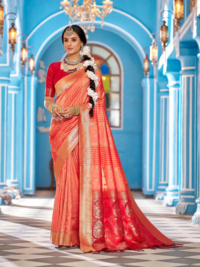 Elora Coral Peach Butti Soft Silk Zari Jacquard Banarasi Saree for women, crafted with luxurious soft silk fabric, intricate butti motifs, and rich zari jacquard weaving an elegant and traditional saree perfect for weddings, festive occasions, and graceful ethnic styling.