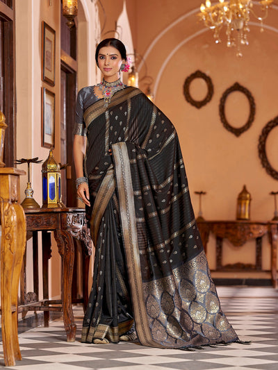 Elora Midnight Black Butti Soft Silk Zari Jacquard Banarasi Saree for women, featuring rich zari jacquard weaving with traditional butti motifs on luxurious soft silk fabric perfect for weddings, festive occasions, and elegant ethnic styling with timeless Banarasi craftsmanship.