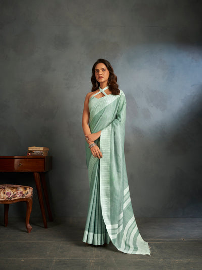 Elora soft linen silk light green saree with Chikankari weaved border – designer ethnic wear for women
