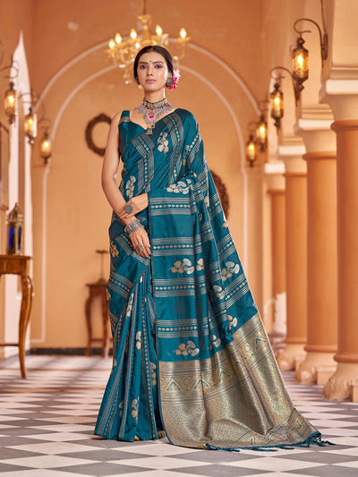 Elora Teal Soft Silk Banarasi Saree with Zari Jacquard Work – Designer Traditional Wear for Women