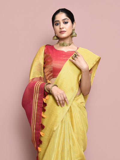 Elora tissue linen plain Chanderi designer saree in golden yellow – elegant ethnic wear for women