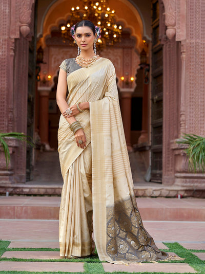 Elora Vanilla Cream Butti Soft Silk Zari Jacquard Banarasi Saree for women, showcasing traditional butti motifs with intricate zari jacquard weaving on premium soft silk fabric an elegant and luxurious ethnic wear choice for weddings, festive occasions, and cultural celebrations.
