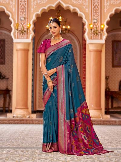 Teal soft silk Ikat Banarasi saree with jacquard butta work – elegant designer wear for women