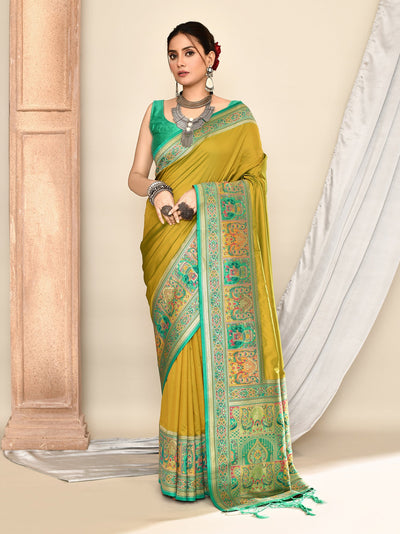 Turmeric Green Plain Weaving Soft Silk Banarasi Saree featuring rich handwoven soft silk fabric, elegant plain weave design, and vibrant traditional color perfect for festive wear, weddings, and ethnic occasions. A classic Indian Banarasi saree offering timeless style and comfort.