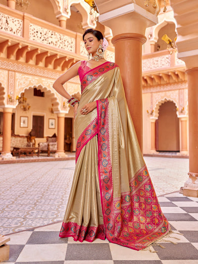 Winter Cream Solid Zari Tissue Jacquard Banarasi Saree featuring rich silk fabric, elegant zari detailing, and a soft jacquard weave perfect for weddings, festivals, and special occasions. This traditional designer saree blends luxury and comfort for a timeless ethnic look.