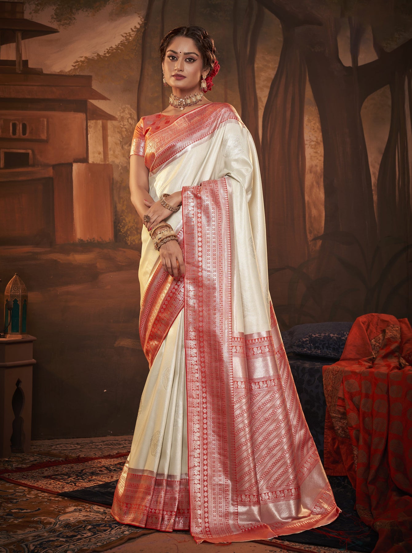 Off White & Golden Kanjivaram Silk Saree – Shaaola